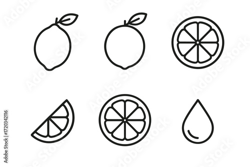 Lemon icons set: whole, sliced, and drop line art illustrations