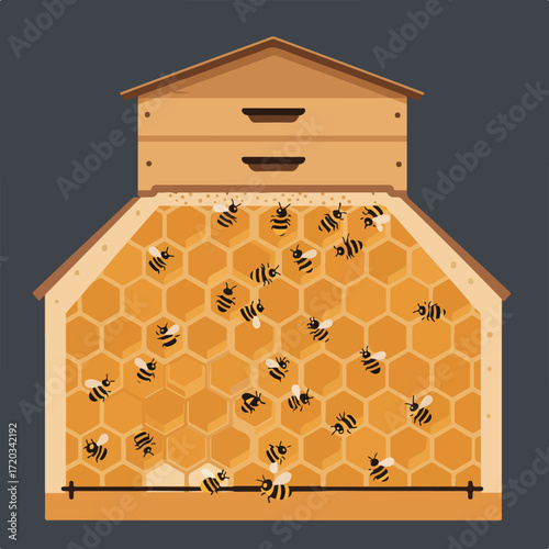 Beehive cross-section filled with honeycombs and bees, on a gray background