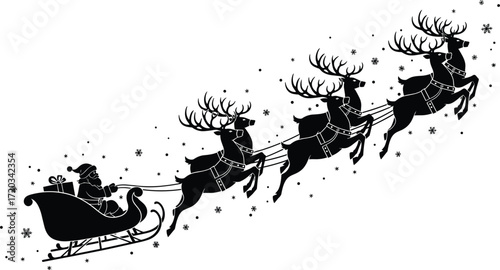 Santa sleigh silhouette, flying reindeer illustration, Christmas night scene, festive holiday art, winter snowflakes design, magical seasonal graphic, black and white