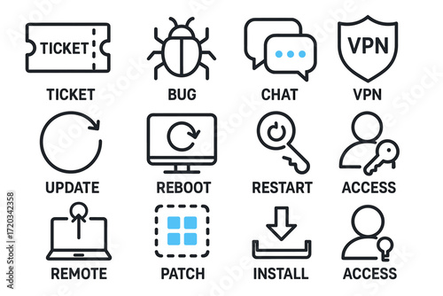 Essential technology icons: ticket, bug, chat, vpn, update, reboot, restart, access, remote, patch, install
