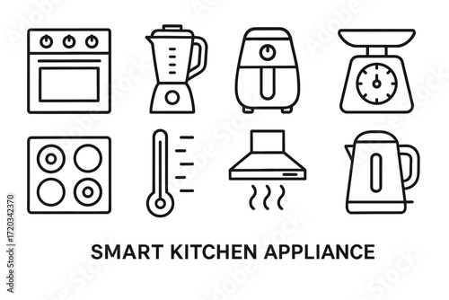 Smart kitchen appliance icons featuring oven, blender, air fryer, and more