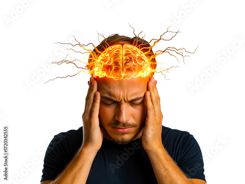 Man with exploding brain isolated on transparent background, concept of stress