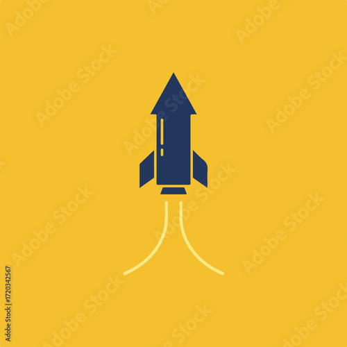 Blue rocket launching on mustard backdrop with beige flame trails