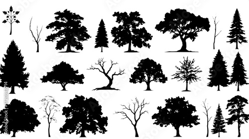 Collection of various tree shapes depicted as stark black silhouettes against a pristine white background, arranged in a tight grid pattern, showcasing high-contrast minimalism with no visible texture