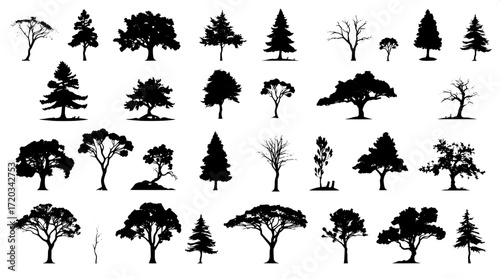 Collection of various tree shapes depicted as stark black silhouettes against a pristine white background, arranged in a tight grid pattern, showcasing high-contrast minimalism with no visible texture