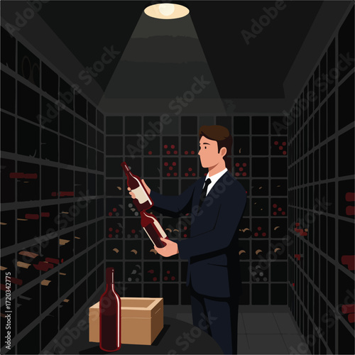 Sommelier reviews bottles in dimly lit wine cellar, surrounded by racks filled with wine