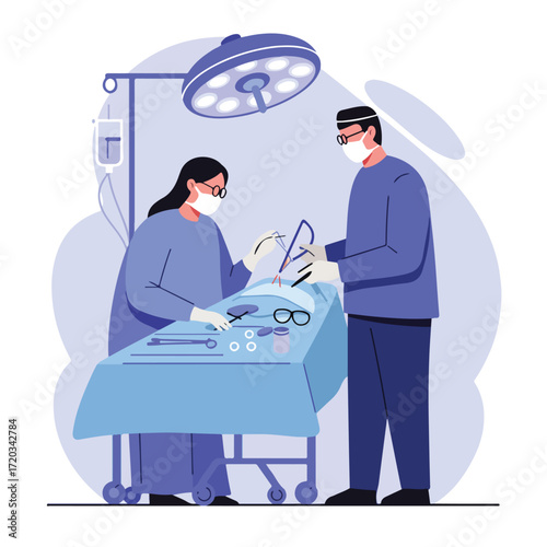 Two masked surgeons perform procedure in operating room under bright light