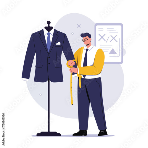 Tailor measuring a blue suit jacket on a mannequin stand