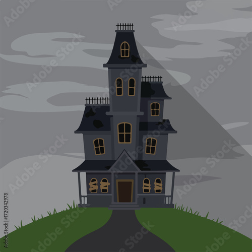 Gray, multistoried haunted house on a hill under a cloudy gray sky