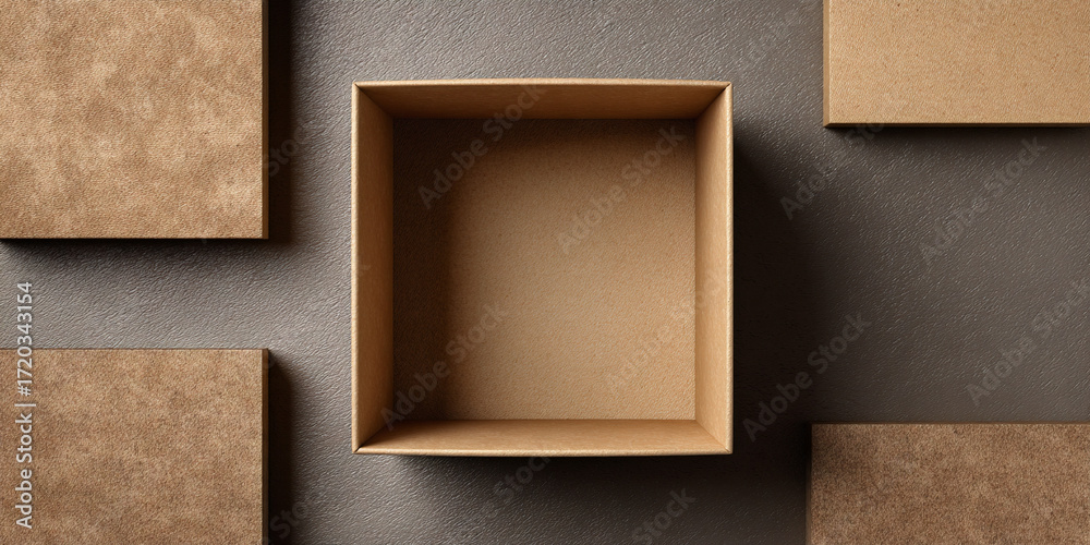 Fototapeta premium Eco cardboard box open empty viewed from above placed on neutral surface for sustainable packaging design - AI generated