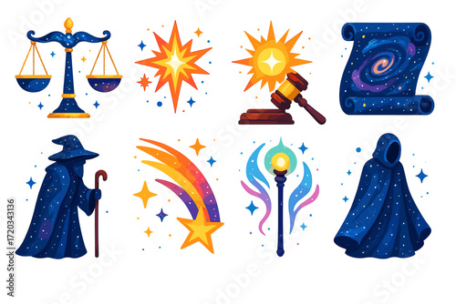 Fantasy icons: wizard, cosmic elements, and magic symbols in vibrant colors