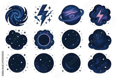 Celestial icons: galaxy, stars, planets, lightning in night sky illustrations