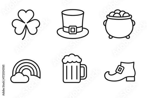 St. patrick's day symbols: shamrock, leprechaun hat, pot of gold, rainbow, beer, buckled shoe