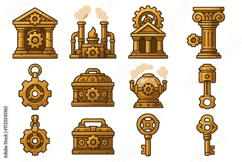 Collection of steampunk gears and steam engines with industrial elements