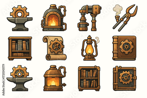 Steampunk mechanical icons collection with cogs, tools, and industrial elements