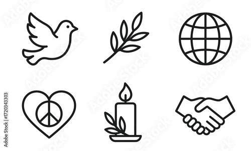 Peace symbols set with dove, olive branch, globe, heart, candle, and handshake icons