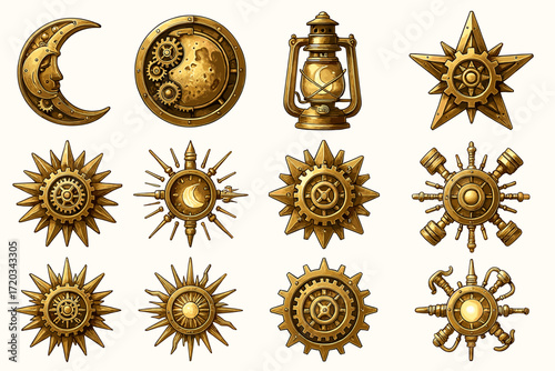 Collection of brass steampunk symbols with gears and celestial themes