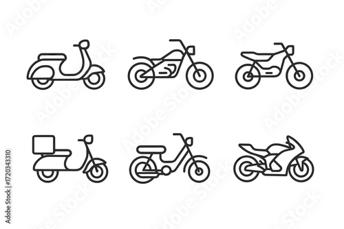 Collection of outline icon motorbikes and scooters in minimalist style