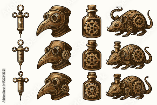 Steampunk-inspired syringe, plague doctor mask, potion bottles, and mechanical rats