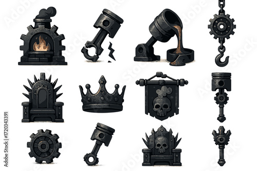 Industrial themed icons: gears, pistons, crowns, and thrones