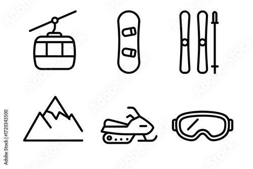 Winter sports icons: cable car, snowboard, skis, mountain, snowmobile, goggles