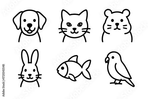 Simple line drawings of common pet animals: dog, cat, hamster, rabbit, fish, parrot