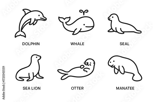 Marine animals: dolphin, whale, seal, sea lion, otter, manatee icons