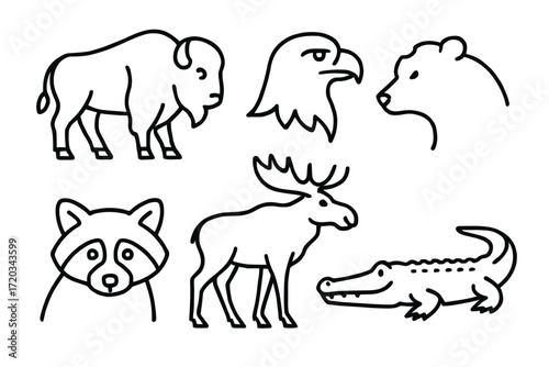 Outline illustrations of wildlife animals including bison, eagle, bear, raccoon, moose, and crocodile