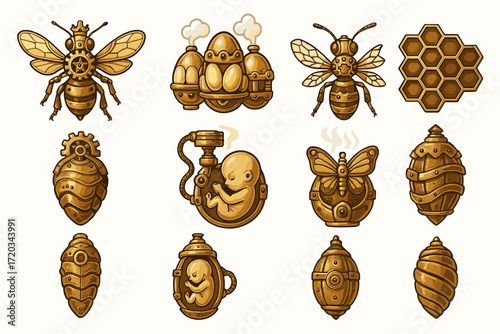 Steampunk insect and machine collection featuring bees and mechanical designs