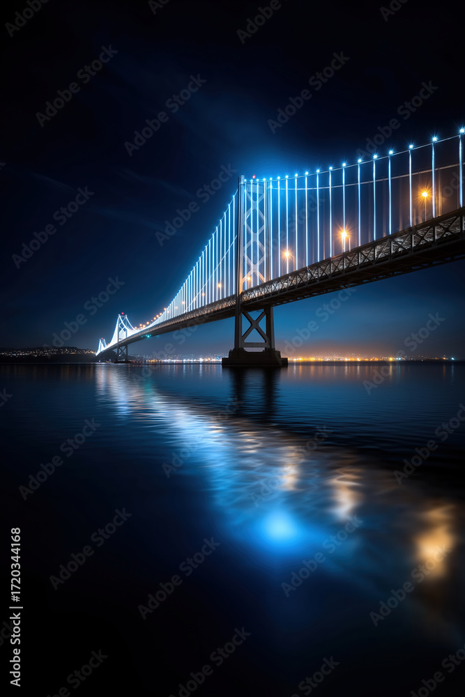 Naklejka premium Nighttime view of a illuminated bridge over calm waters