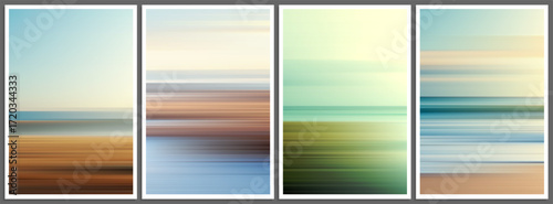 Set of minimalist landscape posters with blurred horizontal lines that capture essence of sea, sky and earth in soft gradients. Wall art reflects beauty of nature for calm and harmony in the interior