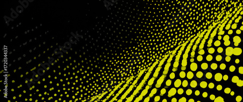 Black and yellow image of a wave with many small yellow dots. The image has a futuristic and abstract feel to it