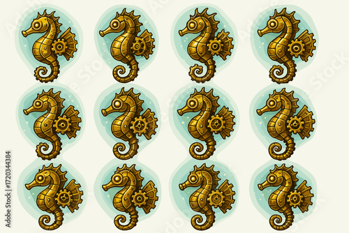 Steampunk seahorses pattern with gears and mechanical design on light background