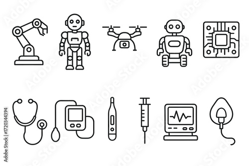 Robotics and medical technology icons: robots, drones, chips, medical devices