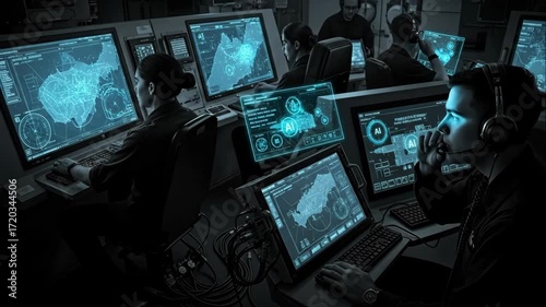 AI-Assisted Warship Command Center - A dramatic black and white video depicts a team of naval officers in a high-tech command center, monitoring and controlling an AI-assisted warship system.
