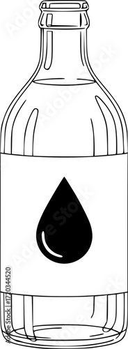 a line art drawing of a bottle, with a label and a black water drop symbol, minimal lines, white background