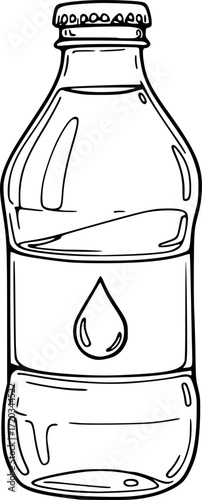 a line art drawing of a bottle, with a label and a black water drop symbol, minimal lines, white background