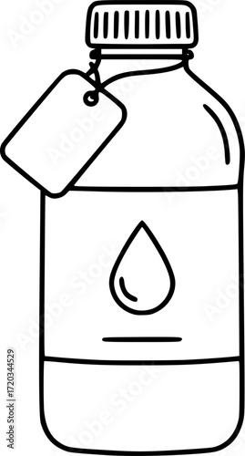 a line art drawing of a bottle, with a label and a black water drop symbol, minimal lines, white background