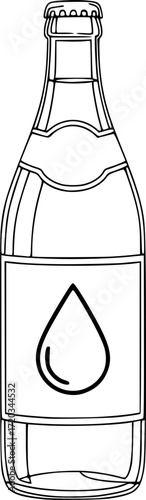 a line art drawing of a bottle, with a label and a black water drop symbol, minimal lines, white background