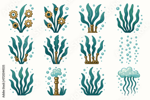 Steampunk seaweed collection with gears and bubbles