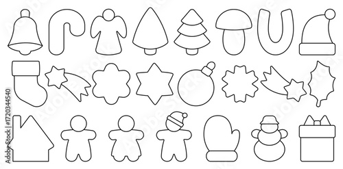 Vector illustration with black outline Christmas and New Year shapes, festive cookie cutter silhouettes on white background