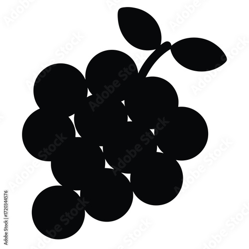 Black grape bunch vector illustration, fruit icon, healthy food, wine ingredient, silhouette art