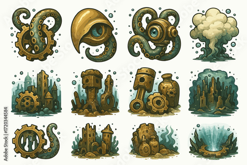 Steampunk nautical creatures and cityscapes with mechanical elements