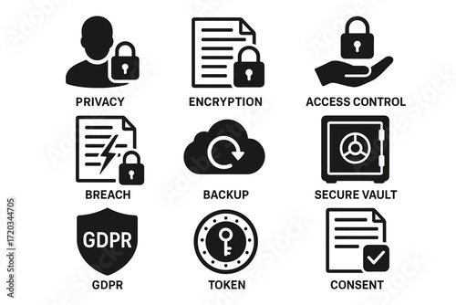 Data security icons: privacy encryption access control breach protection