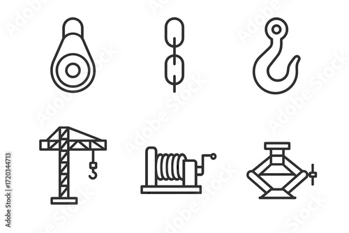 Collection of industrial equipment icons: pulley, chain link, hook, crane, winch, clamp