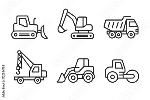 Construction vehicle icons: excavator, bulldozer, crane, dump truck, roller, loader