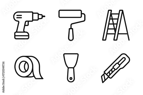 Set of six essential home renovation tools in minimalist line art style