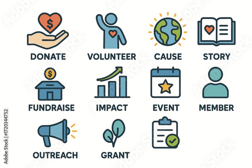 Charity and community icons: donate, volunteer, fundraiser, impact, outreach