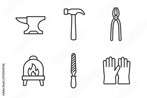 Blacksmith tools icons set: anvil, hammer, pliers, forge, file, gloves