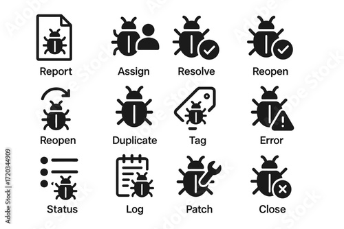 Bug tracking icons: report, assign, resolve, reopen, duplicate, tag, error, status, log, patch, close